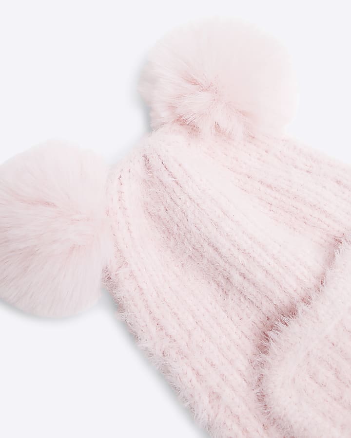 Girls Pink Trapper Hat and Mittens Set