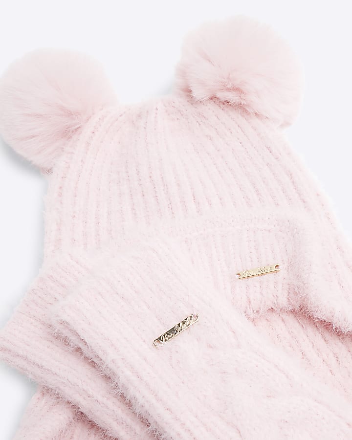 Girls Pink Trapper Hat and Mittens Set