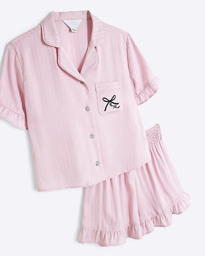 Girls Pink Satin Frill Shorts Pyjama Set