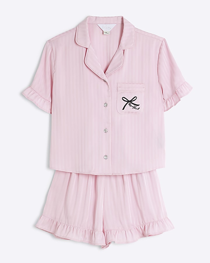Girls Pink Satin Frill Shorts Pyjama Set
