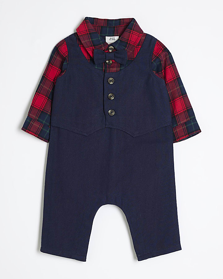 Baby Boys Navy Checked All In One