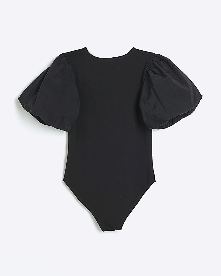 Girls black puff sleeve bodysuit