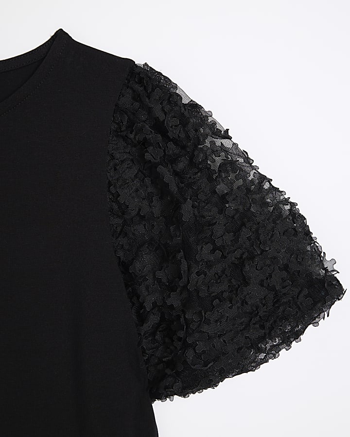 Girls black floral mesh sleeve t-shirt