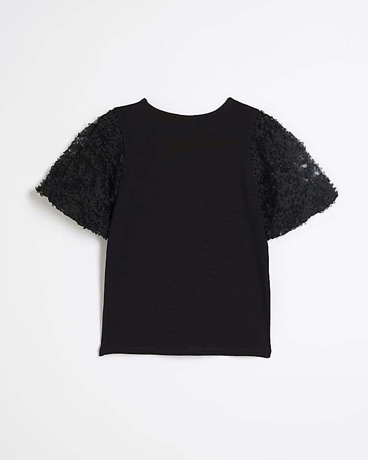 Girls black floral mesh sleeve t-shirt
