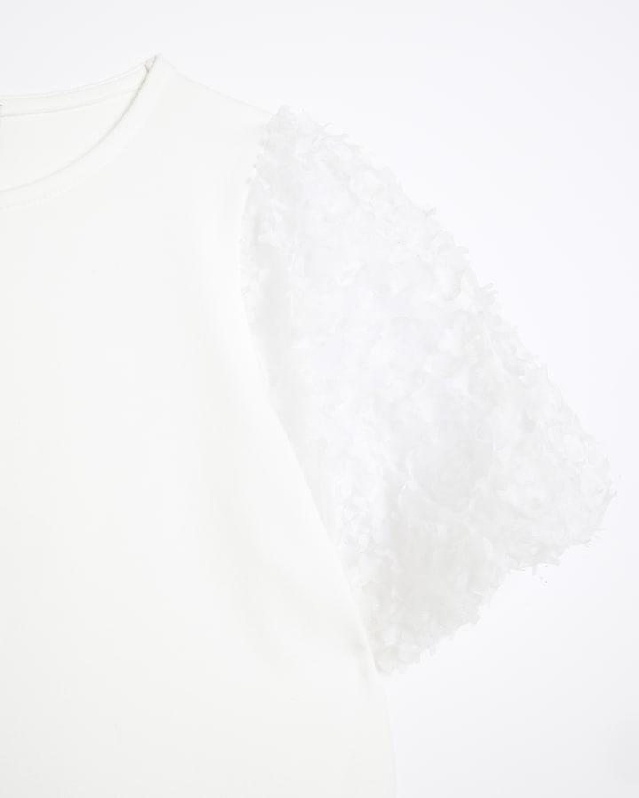 Girls white floral mesh sleeve t-shirt