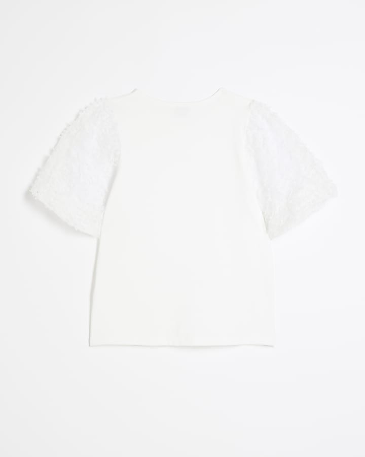 Girls white floral mesh sleeve t-shirt