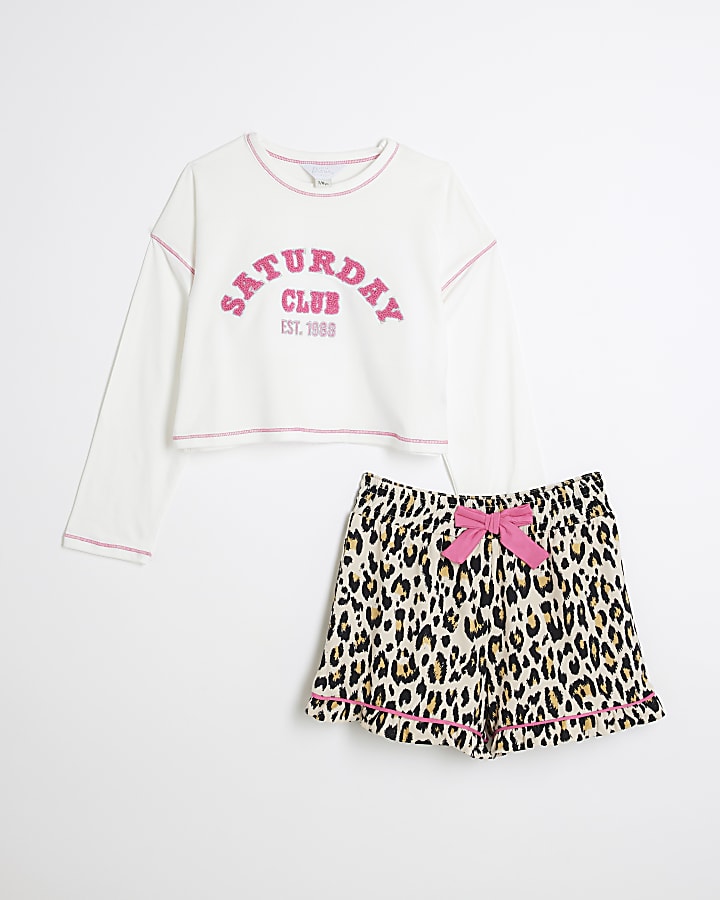 Girls Pink Saturday Club Leopard Pyjamas Set