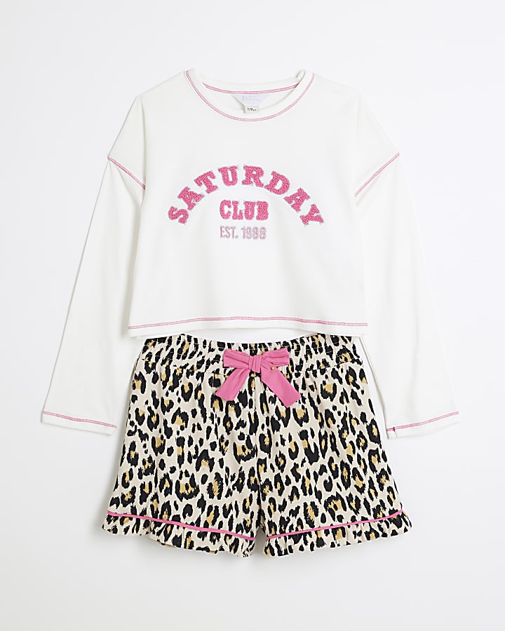 Girls Pink Saturday Club Leopard Pyjamas Set