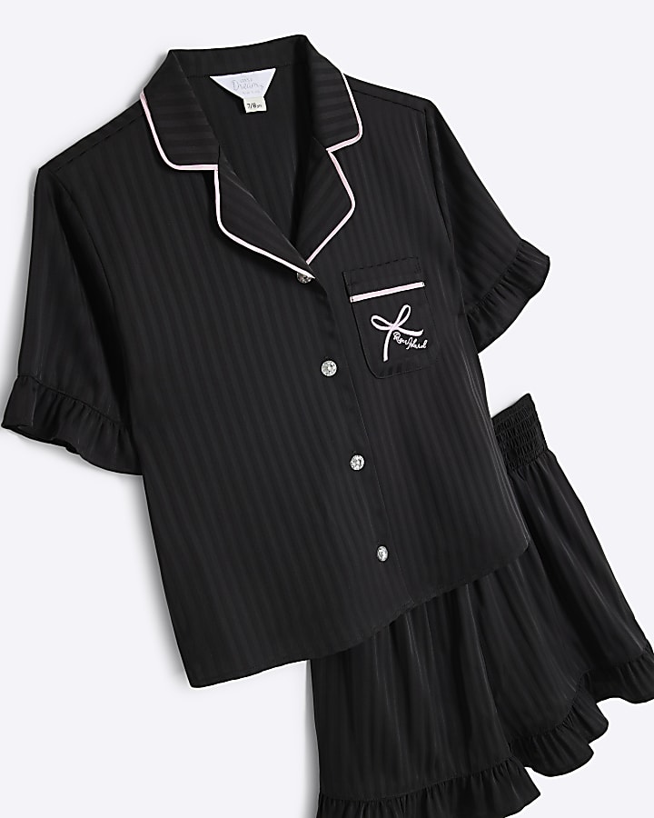 Girls Black Satin Frill Shorts Pyjama Set