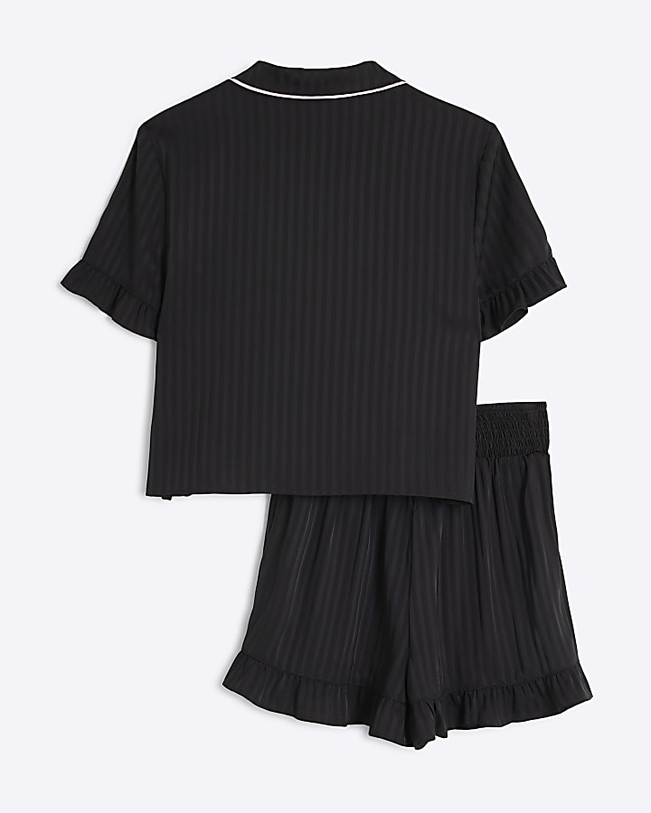 Girls Black Satin Frill Shorts Pyjama Set