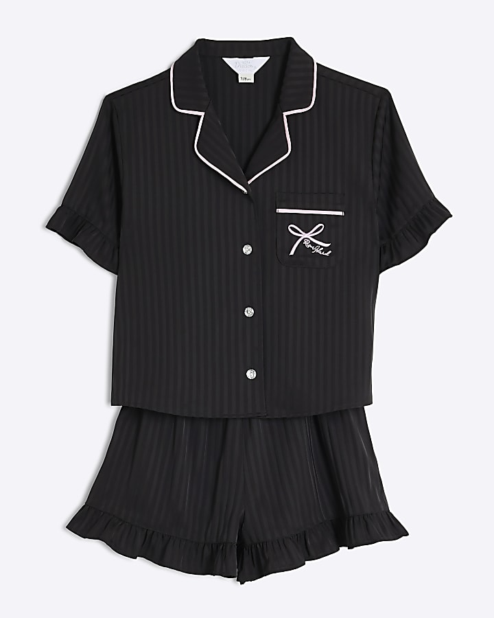 Girls Black Satin Frill Shorts Pyjama Set