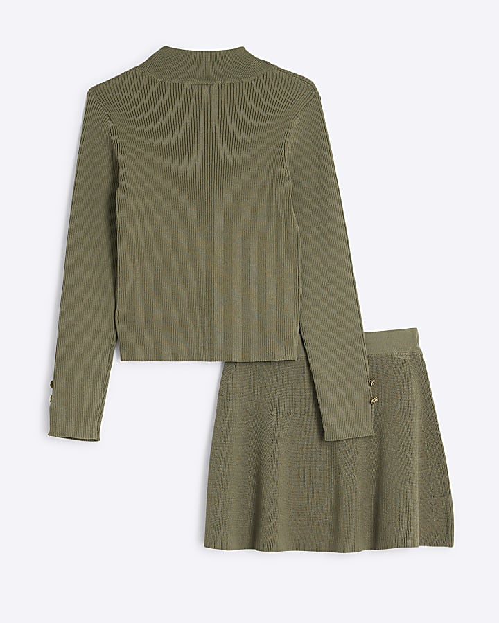 Girls Khaki Ribbed Button Top And Skirt Set