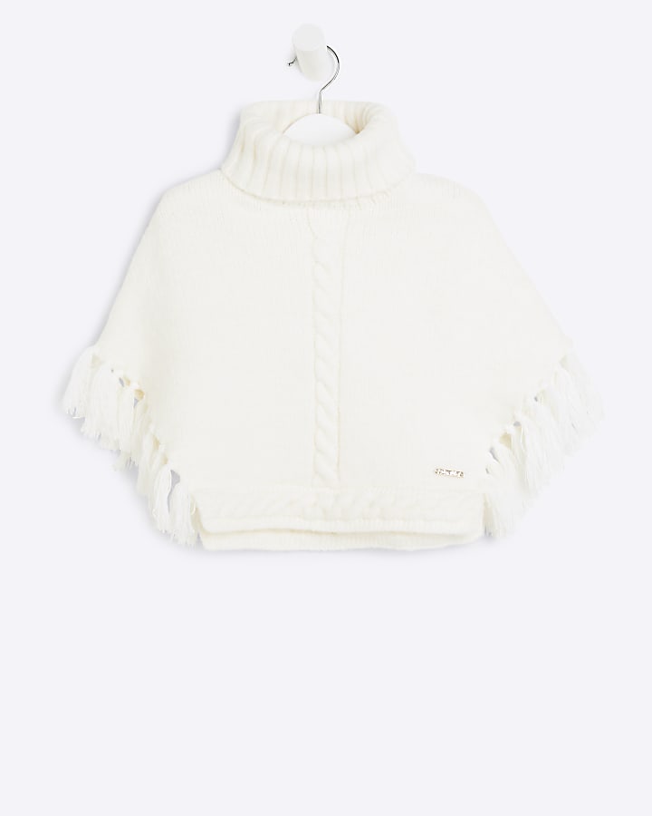 Mini Girls Cream Roll Neck Knitted Poncho