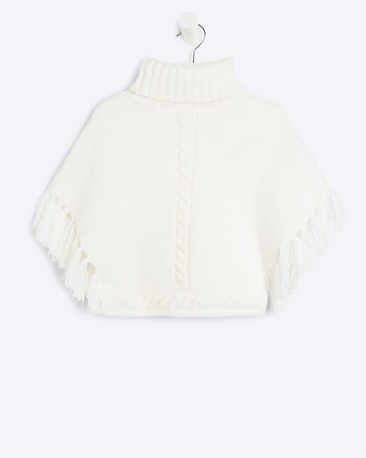 Mini Girls Cream Roll Neck Knitted Poncho