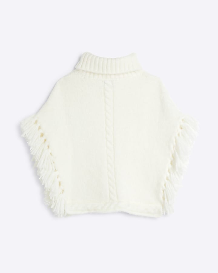 Girls Cream Knitted Tassel Poncho