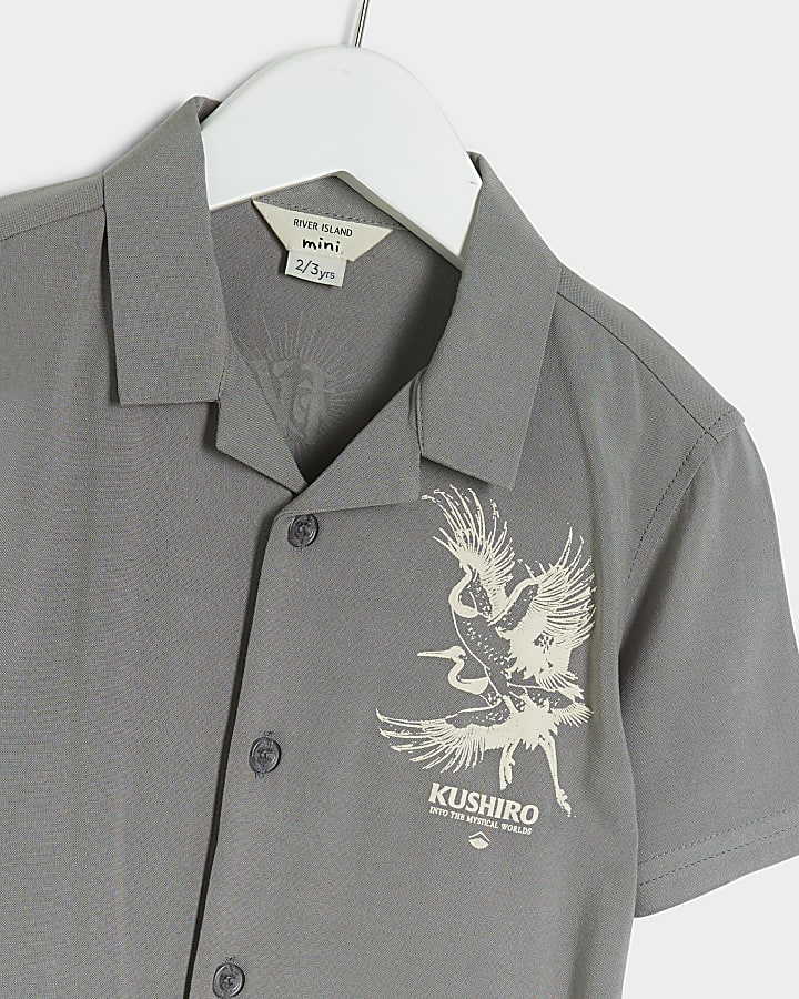 Mini boys grey Japanese crane graphic shirt