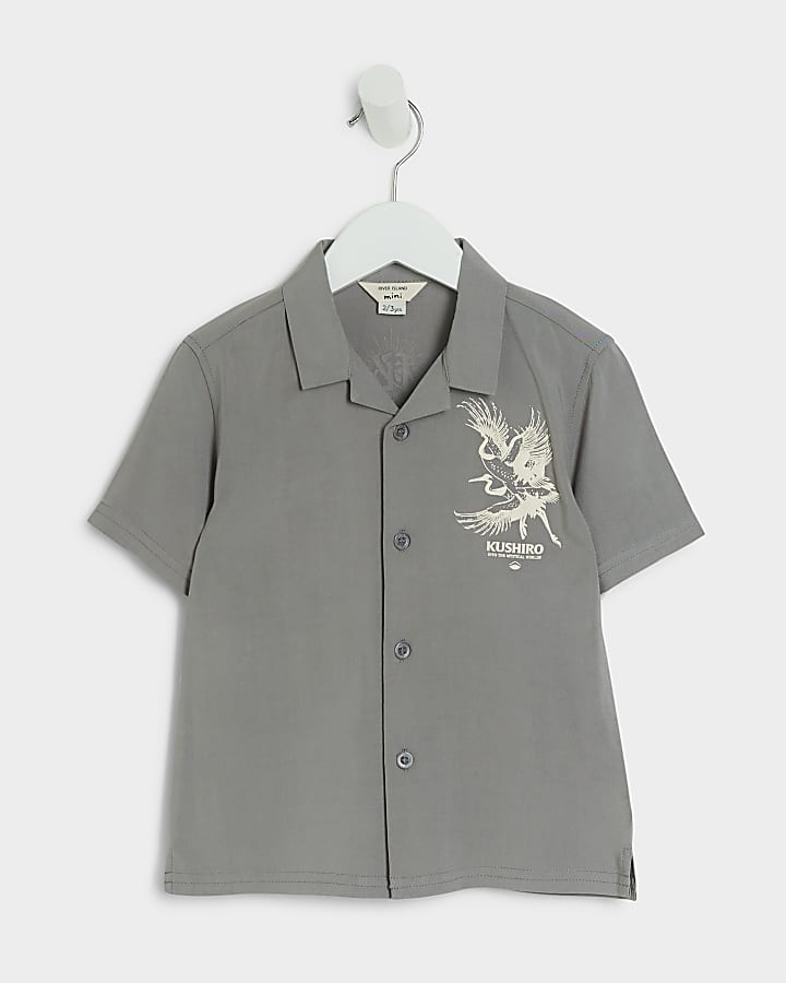 Mini boys grey Japanese crane graphic shirt