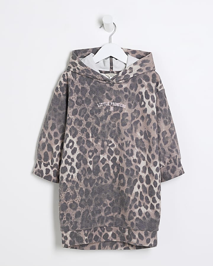 Mini girls brown leopard print hooded dress