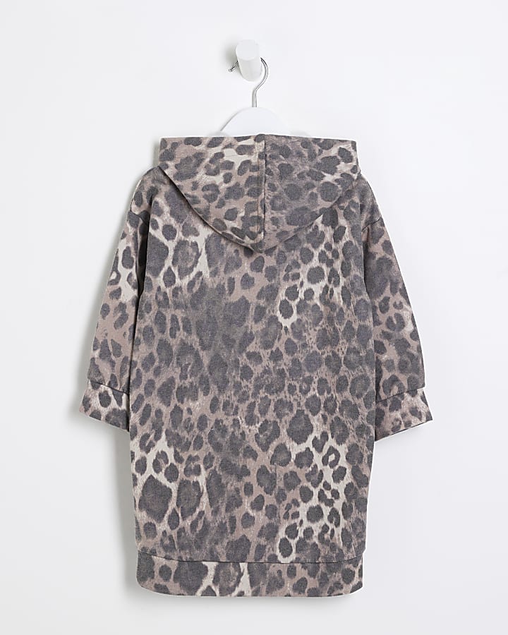 Mini girls brown leopard print hooded dress