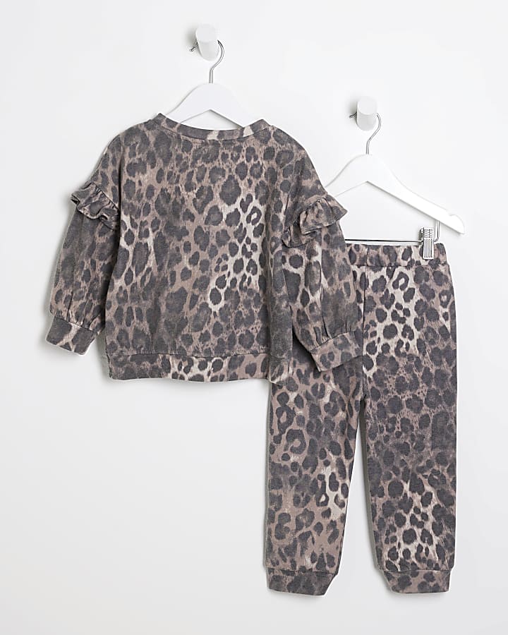 Mini girls brown leopard print sweatshirt set