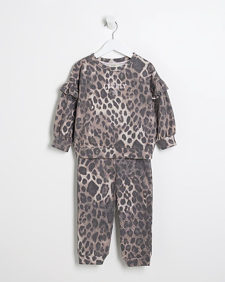 Mini girls brown leopard print sweatshirt set