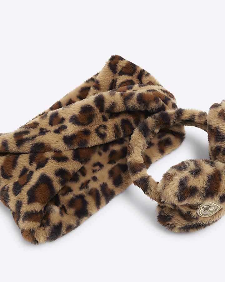 Girls Beige Leopard Ear muffs And Snood Set