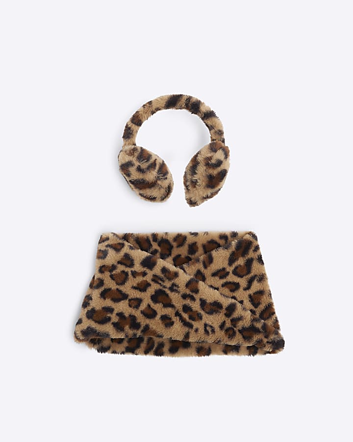 Girls Beige Leopard Ear muffs And Snood Set