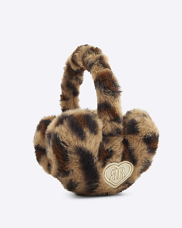 Girls Beige Leopard Ear muffs And Snood Set