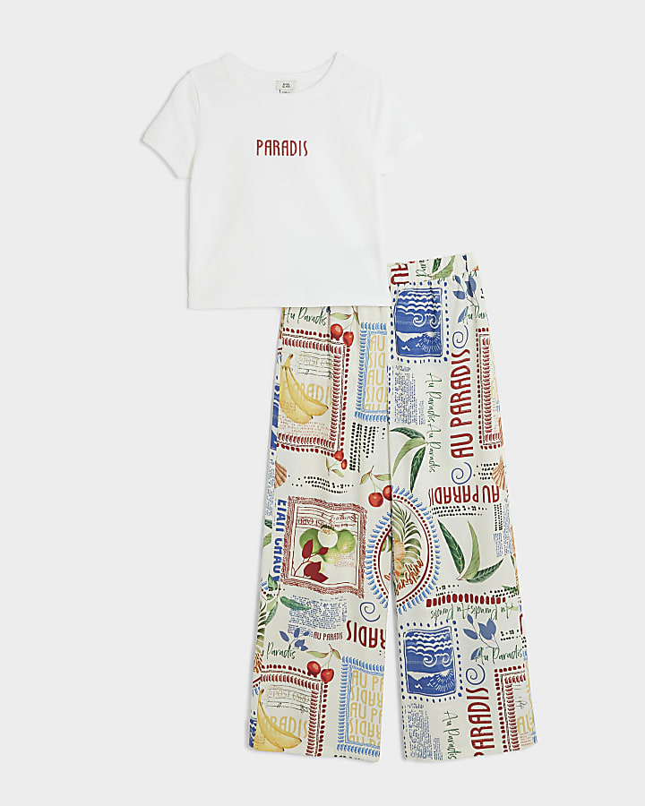 Girls White Paradis T-shirt And Trousers Set