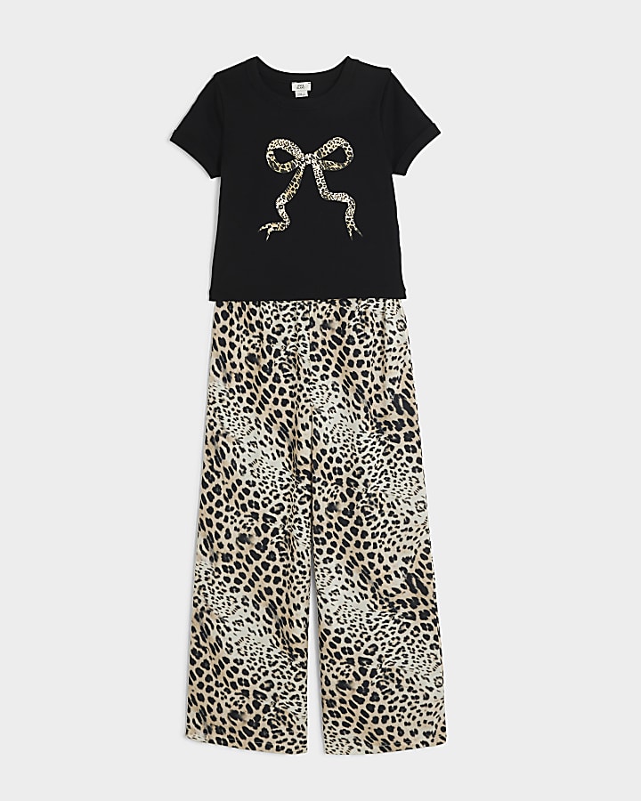 Girls Black Leopard T-shirt and trousers Set