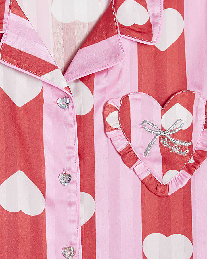 Girls Pink Satin Stripe Heart Pyjama Set