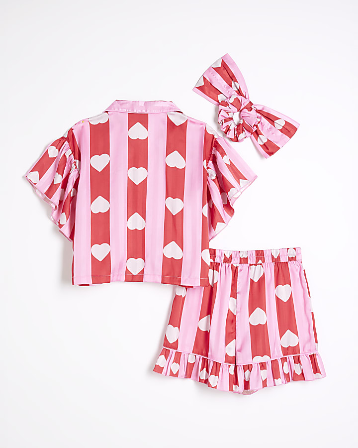 Girls Pink Satin Stripe Heart Pyjama Set