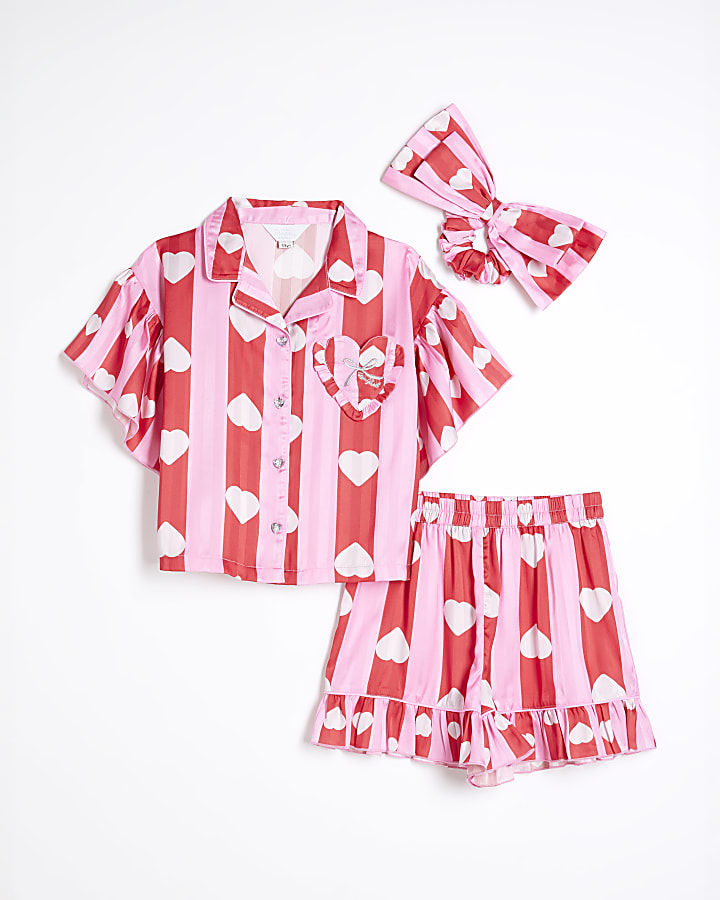 Girls Pink Satin Stripe Heart Pyjama Set