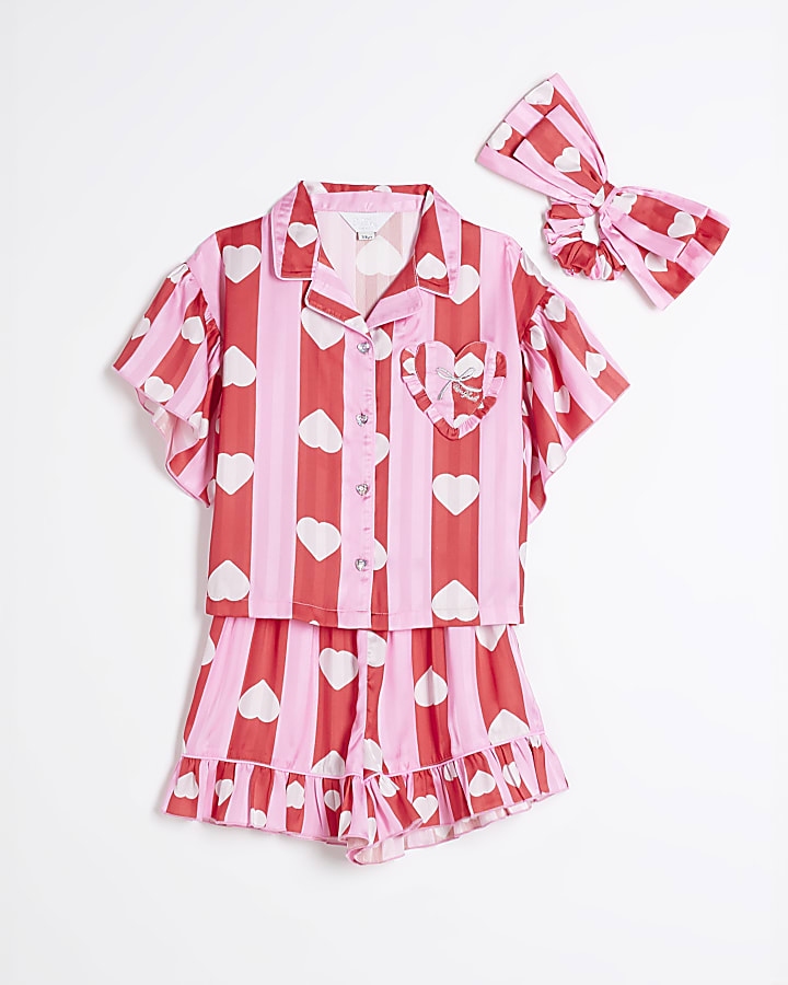 Girls Pink Satin Stripe Heart Pyjama Set