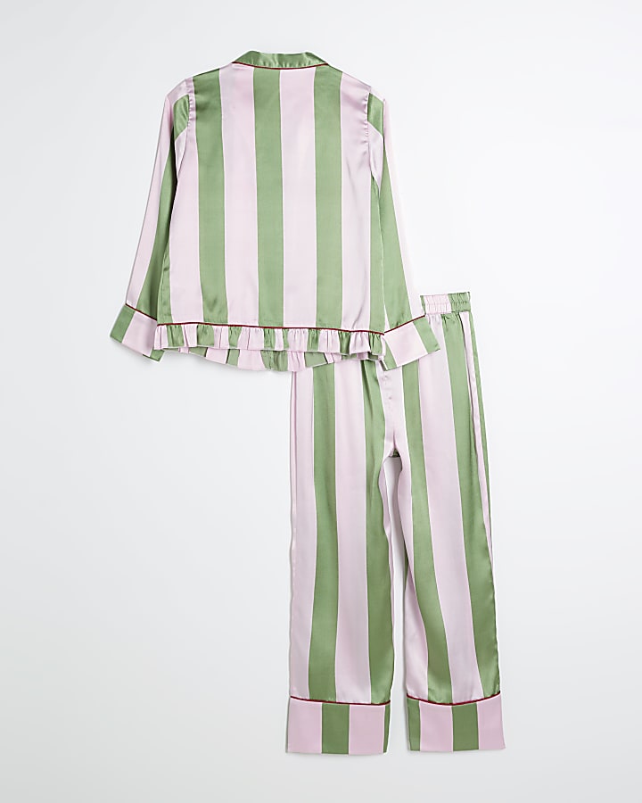 Girls Pink Satin Christmas Stripe Pyjama Set