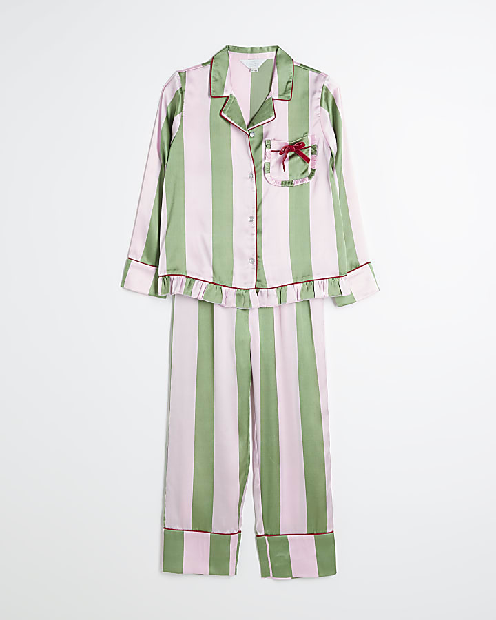 Girls Pink Satin Christmas Stripe Pyjama Set