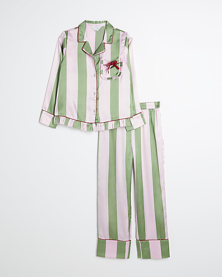 Girls Pink Satin Christmas Stripe Pyjama Set