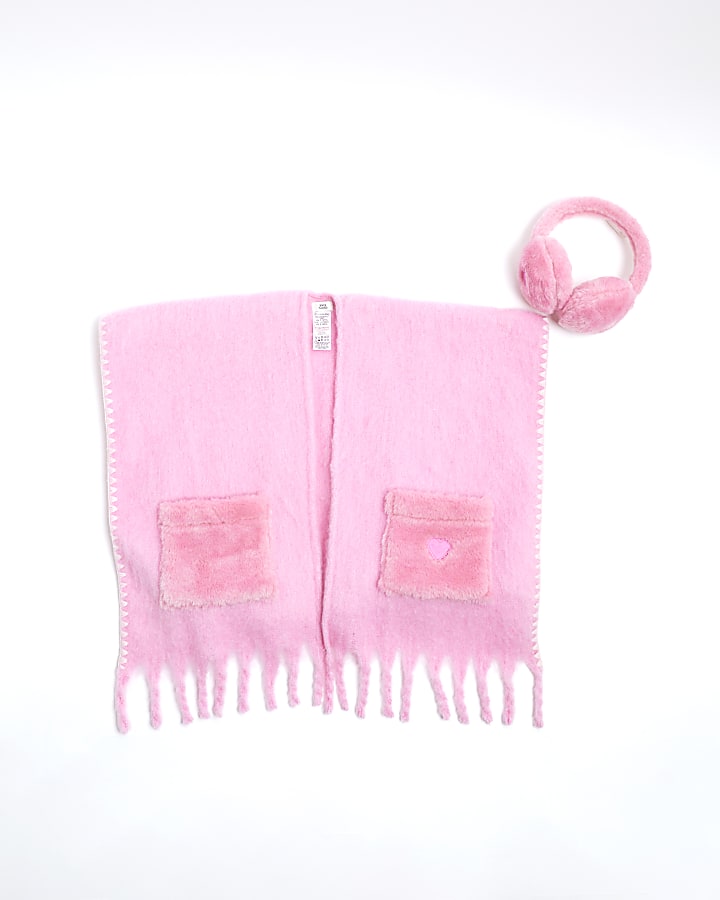 Girls Pink Stitch Earmuff And Scarf Set