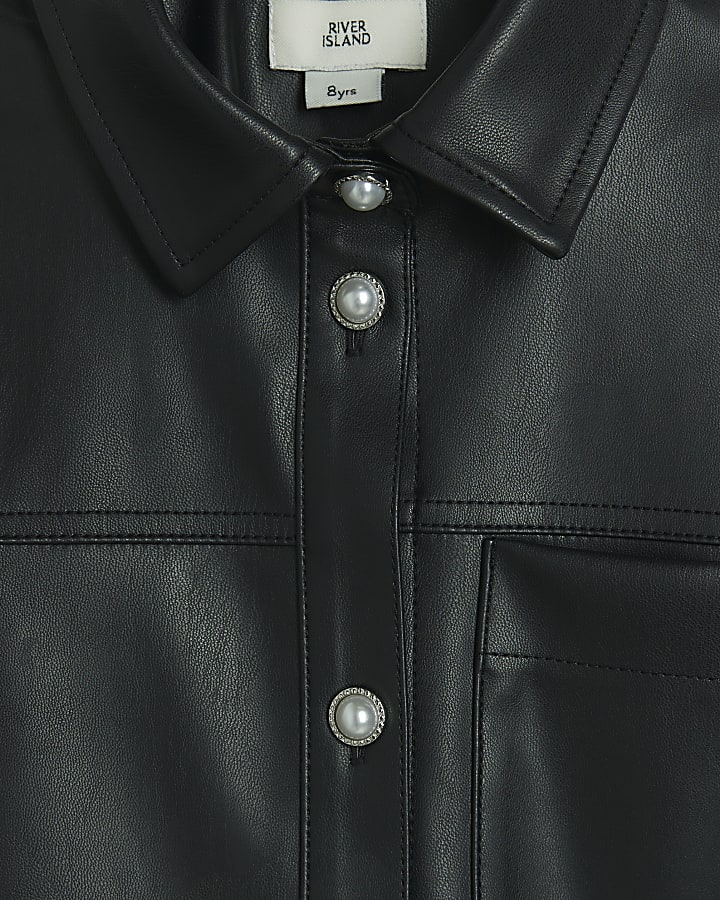 Girls Black Faux Leather Overshirt