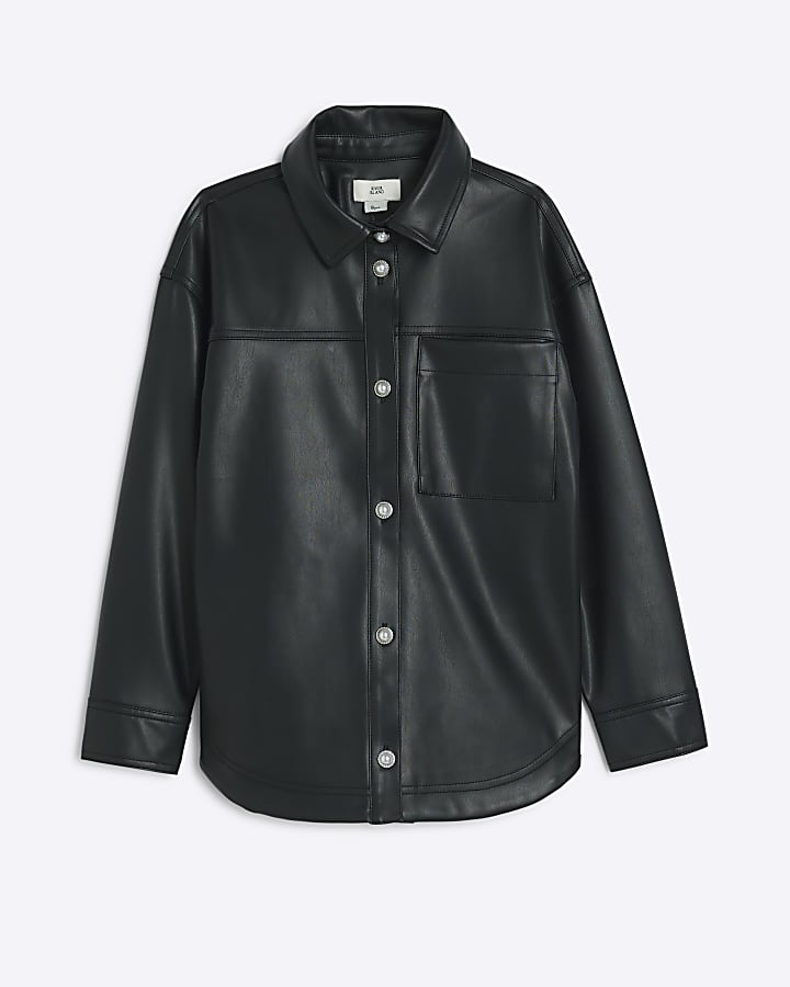 Girls Black Faux Leather Overshirt