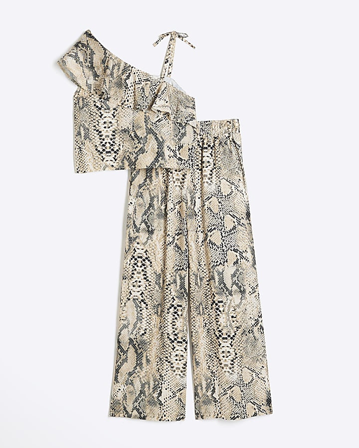 Girls beige snake print top and trousers set