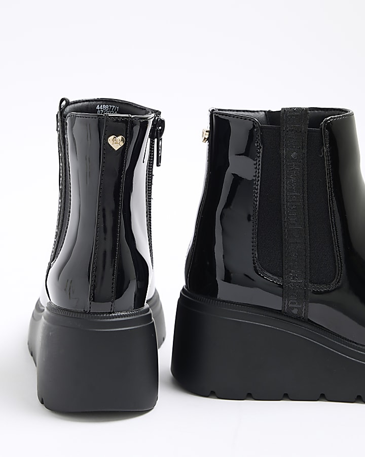 Girls Black Patent Wedge Boots