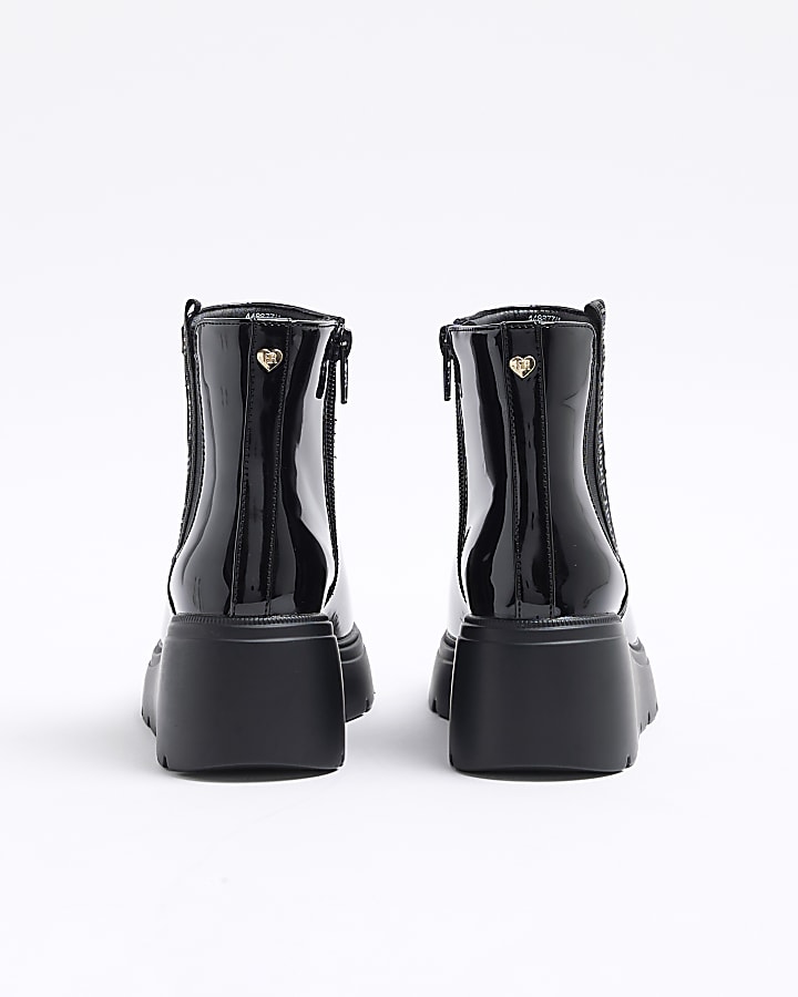 Girls Black Patent Wedge Boots