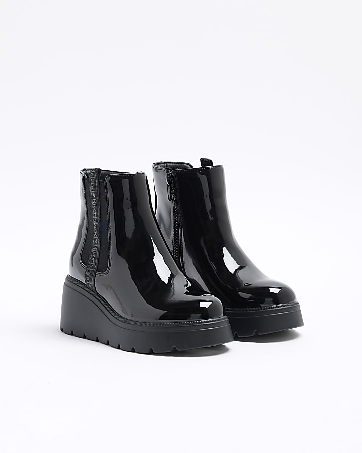 Girls Black Patent Wedge Boots