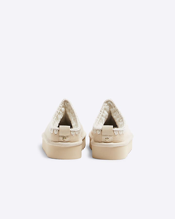 Girls Cream Faux Fur Whipstitch Slippers