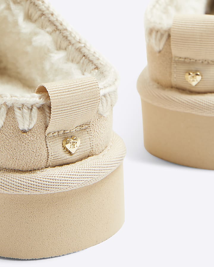 Girls Cream Faux Fur Whipstitch Slippers