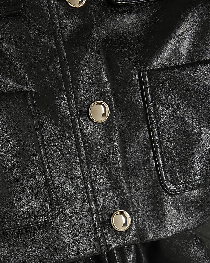 Girls Black Faux Leather Trophy Jacket Set