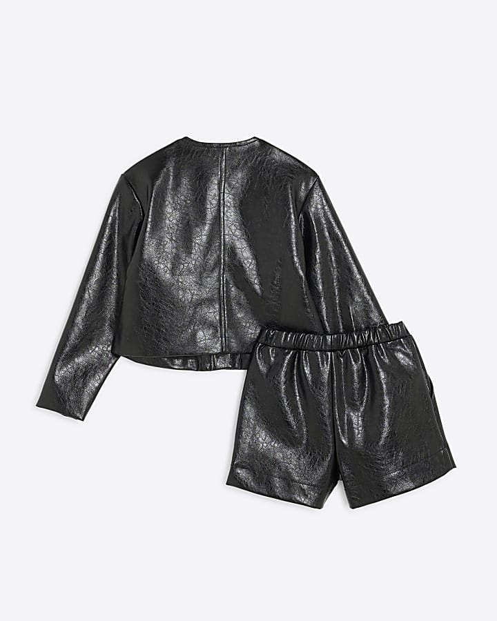 Girls Black Faux Leather Trophy Jacket Set