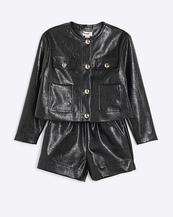 Girls Black Faux Leather Trophy Jacket Set