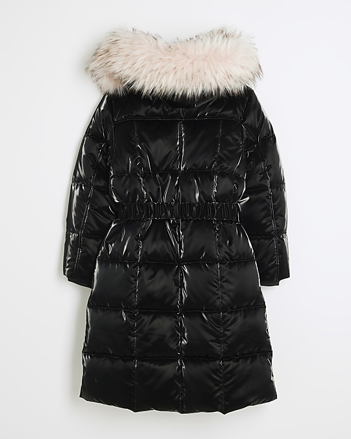 Girls Black Pink Faux Fur Puffer Coat